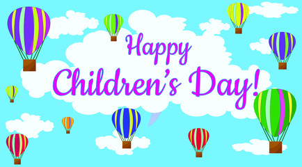 Vector illustration to World Children's day. Air balloons in the blu sky. 