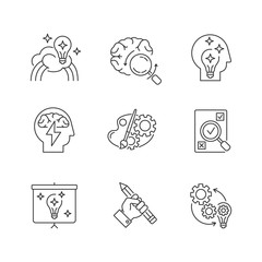 Creative mind workflow pixel perfect linear icons set. Inspiration for project development. Customizable thin line contour symbols. Isolated vector outline illustrations. Editable stroke