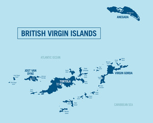 British Virgin Islands political map. Detailed vector illustration with isolated islands and cities.