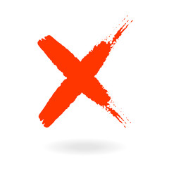 X. Red Letter X made with ink. Mark grunge style. Red cross sign. Dry brush strokes, hand drawn.