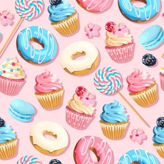 Vector seamless pattern with cupcakes and donuts