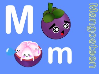 ute alphabet letter M is for Mangosteen in fruits and veggies flashcard collection for preschool kid learning English vocabulary