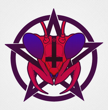Satanic Mantic Logotype above pentagram star and circle. Colored vector illustration on flat background for music cover, t shirt design or other prints. Almost symmetric logo icon image