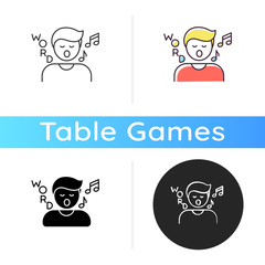 Song game icon. Fun board game, musical entertainment. Linear black and RGB color styles. Recreational activity for family, friendly parties. Singing person isolated vector illustrations