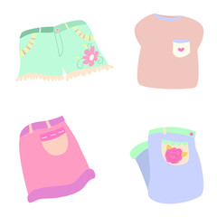 Various summer clothes. Denim shorts, denim pants, denim pants, T-shirt. Hand drawn vector set. Colored trendy fashion illustration. All elements are isolated.