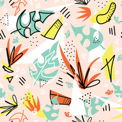 Seamless vector pattern tropical plants and shapes. Geometric shapes and monstera palm leaves repeating background. Contemporary tropical collage design. Modern abstract summer pattern for fabric