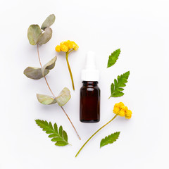 Bottle of essential oil with flowers and herbs. Alternative medicine concept.