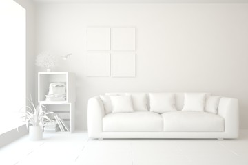 White minimalist living room with sofa. Scandinavian interior design. 3D illustration