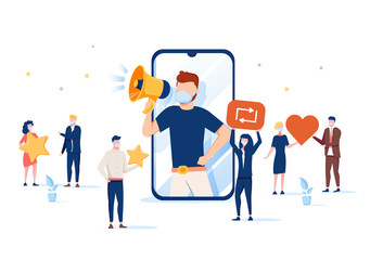 Blogging, Social Media Networking during Covid19 Pandemic. Blogger Man Character with Megaphone at Huge Smartphone