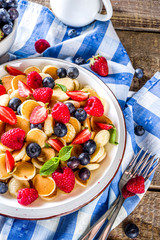 Trendy mini pancakes, Breakfast Cereal Pancakes with various summer fruit and berry