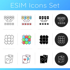 Educational and gambling games icons set. Popular recreational activities. Jigsaw puzzle, guess the picture and card games. Linear, black and RGB color styles. Isolated vector illustrations