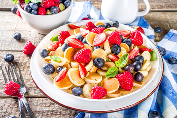 Trendy mini pancakes, Breakfast Cereal Pancakes with various summer fruit and berry