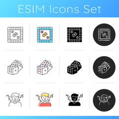 Traditional recreational games icons set. Popular pastime, fun party activities. Property trading, singing and dice games. Linear, black and RGB color styles. Isolated vector illustrations