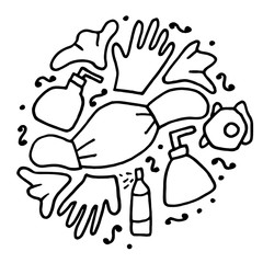 hand drawing fighting coronavirus, protective equipment. Masks, disinfection, gloves, sprays, handkerchiefs.