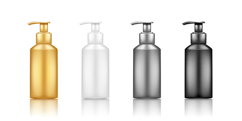 Pump bottle realistic mockup: lotion, disinfectant, sanitizer. Plastic package design. Blank gold, silver, black, white cosmetic, hygiene, skin care template. Set of isolated 3d vector illustrations