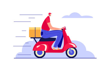 Color vector illustration in a flat style. Fast food delivery. Courier on a scooter delivers an order. The goods delivery man rides a motorcycle.