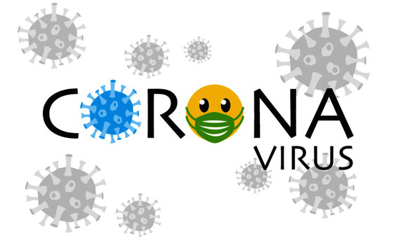 Corona Virus, Virus blau, Smiley, Mundschutz grün, Hintergrund Virus grau