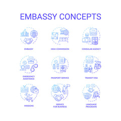 Embassy concept icons set. International relations idea thin line RGB color illustrations. High commission. Foreign affairs. Diplomatic mission. Vector isolated outline drawings