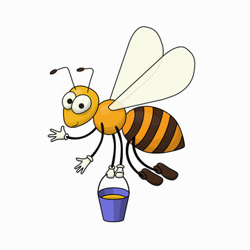 A bee flies with a bucket of honey. Isolated illustration