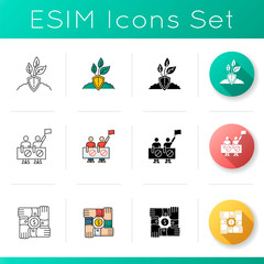 Demonstration icons set. Nature protection and conservation. Human right demonstration. Community foundation. Social fundraising. Linear, black and RGB color styles. Isolated vector illustrations