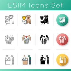 Charity icons set. Animal right. Wildlife protection. Landmark preservation. Food bank. Homeless charity. Social service. Linear, black and RGB color styles. Isolated vector illustrations