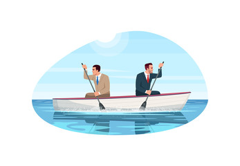 Business competition metaphor semi flat vector illustration. Conflict between employees. Rivalry in job. Competitive corporate workers. Businessman 2D cartoon characters for commercial use