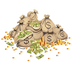 Bags of money and stack of gold coins. Packing in bundles of bank notes. Illustration isolated on white background.