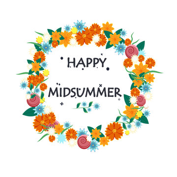 Happy Midsummer greeting poster. Floral wreath and lettering Glad Midsommer. Template for Sweden longest summer day holiday banner background. Vector illustration.