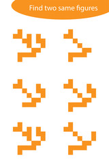 Find two identical figures, fun education game for children, preschool worksheet activity for kids, task for the development of logical thinking, vector illustration