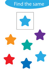 Find the same star, fun education game for children, preschool worksheet activity for kids, task for the development of logical thinking, vector illustration