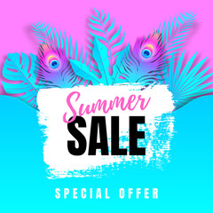 Summer sale exotic banner with tropical leaves