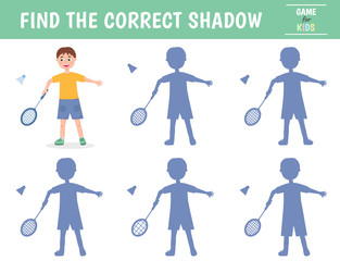 Find the correct shadow. A boy playing badminton. Children's game of mindfulness. Vector illustration.
