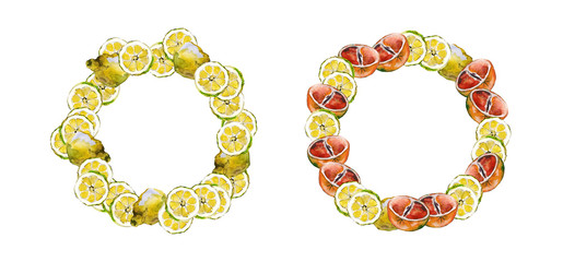 Two round frames made of watercolor painted citrus fruits. Wreaths of lemon slices and grapefruit halves, isolated on white. For cards, invitations and packaging design.