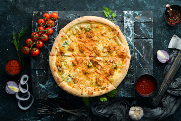 Pizza with chicken, cheese and mustard. Top view. Free space for your text.