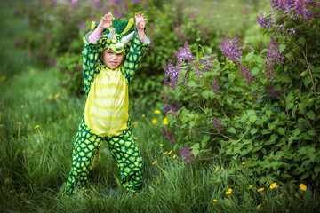 baby in a dinosaur costume, lilac blooms, blooming, spring, may