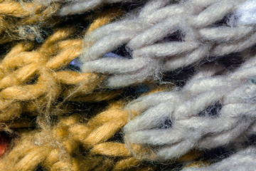 Macrophotography of a knitted wool scarf. Textures, abstraction, and backgrounds.