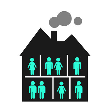 House and building with flatmates, housemates People are in rooms. Tenant, lodger, roomer, occupant and homeowner are living and staying indoor. Vector illustration isolated on white. 