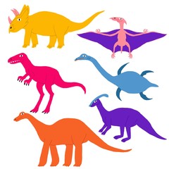 Collection set different kind of dinosaurs isolated on white. Cute multi colored reptiles. Parasaurolophus, tyrannosaurus, triceratops, pterosaur, brontosaurus, plesiosaur. Stock vector illustration.