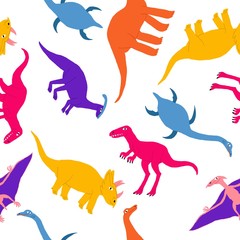Fun seamless pattern with cute marine, flying and land dinosaurs. Large extinct reptile. Dino print design for kid textile, wrapping paper. Flat style drawing. Stock vector illustration.