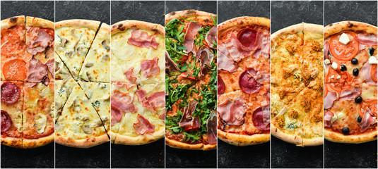 Fototapeta na wymiar Photo collage of delicious pizza. Set of pizza with cheese, salami, bacon and vegetables. Food banner.
