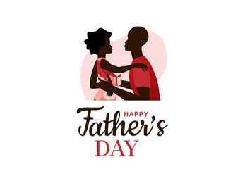 Happy Father's day. Dad hugs her daughter. Afro American father holds child. Greeting card or banner. Flat style vector illustration.
