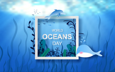 Drop of water concept of World Oceans Day. Celebration dedicated to help protect sea earth and conserve water ecosystem. Blue origami craft paper of sea waves.Underwater frame poster background