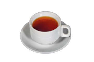 White cup with black tea on a white saucer on a dark background.