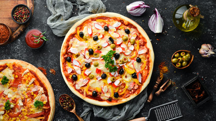 Traditional Italian pizza with crab sticks and olives. Top view. free space for your text. Rustic style. © Yaruniv-Studio