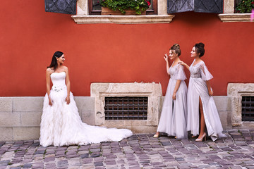 Beautiful bride and bridesmaids in gorgeous elegant stylish light grey silver floor length dresses...