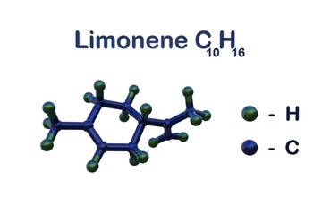 Structural chemical formula and molecular model of limonene, the major component in the oil citrus fruit peels. 3d illustration