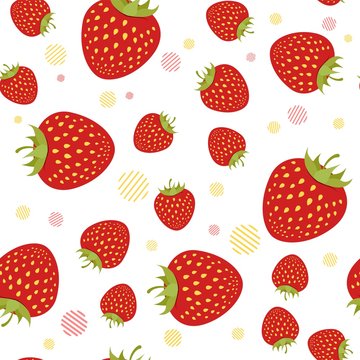 Vector seamless pattern with strawberries and decorative geometric elements on a white background. Bright summer pattern. Picture for packaging. Flat garden berries.