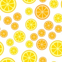 Vector seamless pattern with lemon and orange slices on a white background. Bright summer pattern. Picture for packaging. Sour tropical fruit. Flat minimalistic lemon icon.