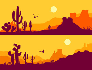 Desert landscape with Cactuses. Arizona desert mountains silhouette Vector nature horizontal background