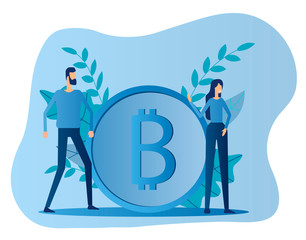 A man and a woman stand near the bitcoin coin . Concept of cryptocurrency production.Flat vector illustration.